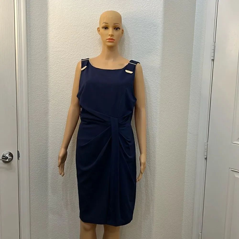 London Dress Sz 14 Navy Blue Gold Scoop Neck Sleeveless Ruched Waist Midi New